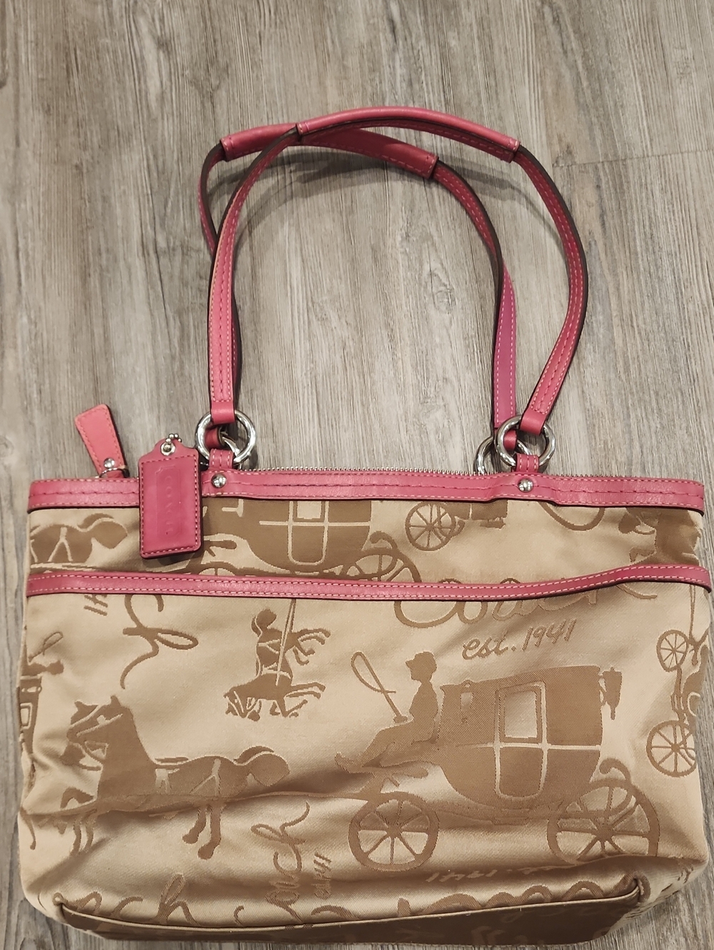 Coach Gold Jacquard Shoulder Bag with Pink Trim